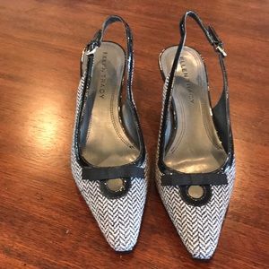 Black and gray slingback kitten heels